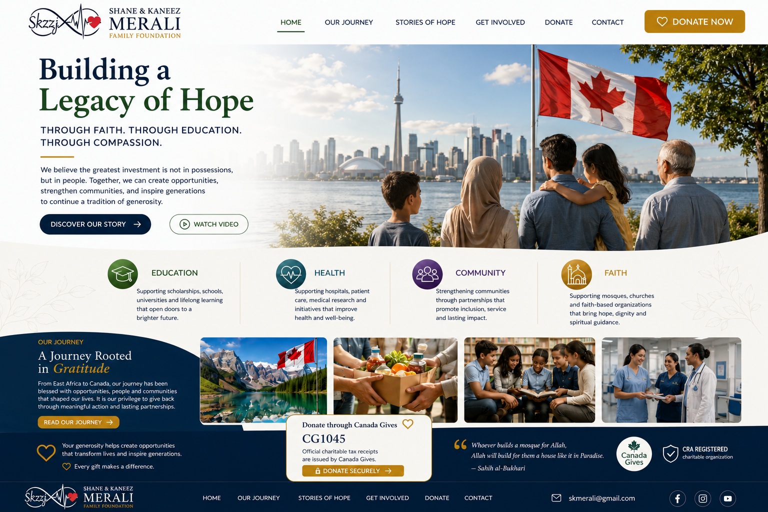 Shane and Kaneez Merali Family Foundation homepage with Canadian skyline, Canadian flag, family, education, food bank and health-care themes